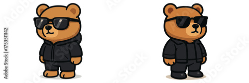 Cool cartoon bear character in black outfit and sunglasses standing confidently in a minimalistic setting