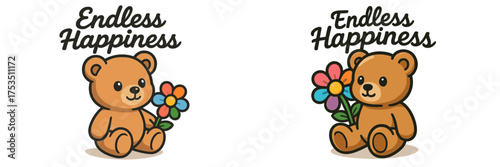 Cute bear character holding a flower symbolizing endless happiness in a cheerful design