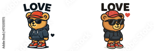 Cute bear characters celebrating love in casual outfits with sunglasses and hats