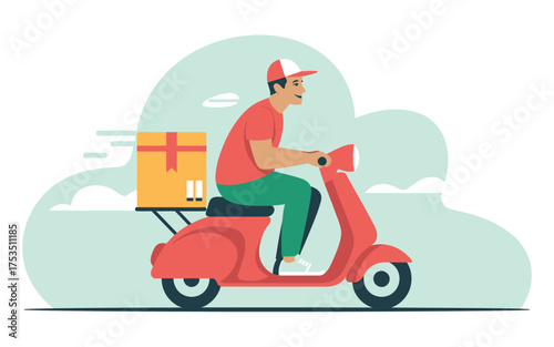 Flat design delivery person riding scooter with package for quick shipping services