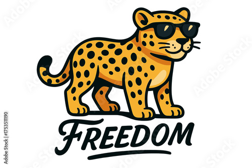 Cartoon leopard wearing sunglasses exudes chill vibes and fun attitude with freedom theme