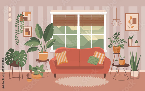 Cozy flat design home interior living room with lush green plants and red sofa
