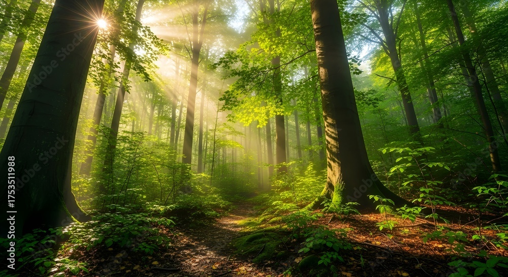 Fototapeta premium Stunning sun rays shine through a vibrant green forest, creating a magical, peaceful atmosphere for nature lovers