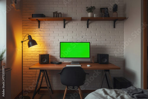 Modern working room PC on wood desk table in home office workspace with a green screen computer monitor for mockup