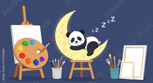 A sleeping panda rests peacefully on a crescent moon next to an art easel and paint palette.