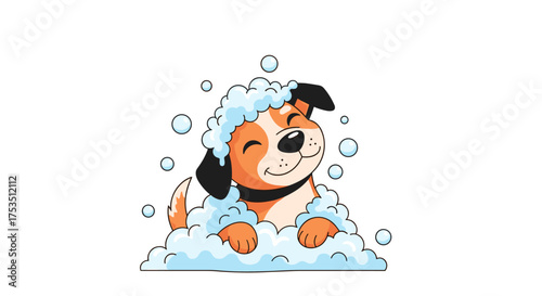 A cute happy dog taking a bubble bath with shampoo and water making it smell fresh and clean.