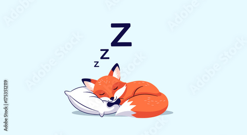 An adorable little fox is sleeping soundly on a soft pillow with zzzs floating above its head.