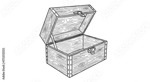 An open antique wooden chest with metal clasps and hinges revealing an empty interior.