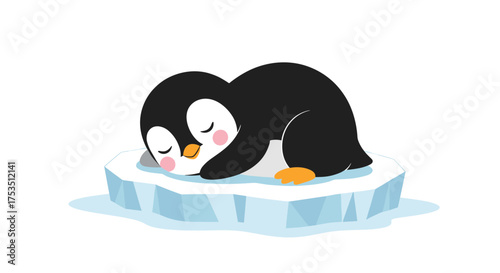 A cute little penguin peacefully sleeping on a small ice floe.