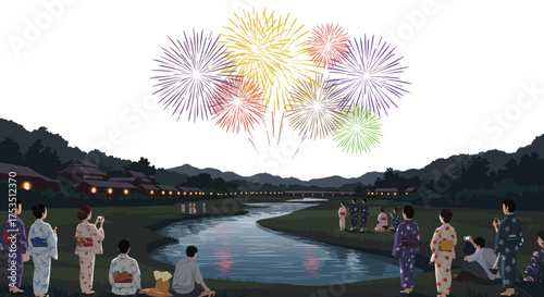 Vibrant fireworks illuminate the night sky above a tranquil Japanese village during a summer festival