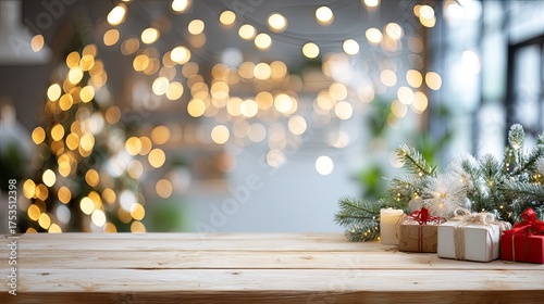 A wooden tabletop is in focus, while colorful lights and gifts create a joyful holiday setting in the background