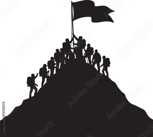 Climbers summit mountain raising flag peak
