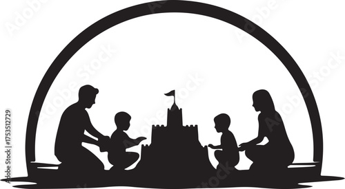 Family building sandcastle under arch children parents