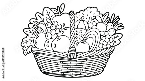 Black and white outline drawing of a bountiful woven basket filled with fresh fruits and vegetables