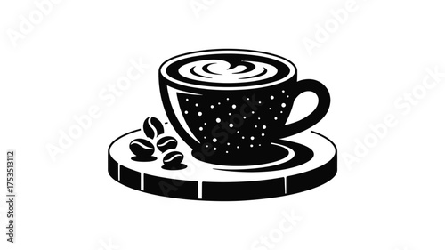 Stylized black and white illustration of a coffee cup with latte art and beans