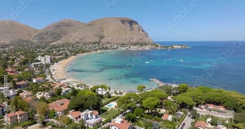 Aerial view of Mondello Bay near Palermo, Sicily, Italy. It's a beautiful gulf and a popular tourist destination for Sicilian summer vacations. In background is Gallo Cape.