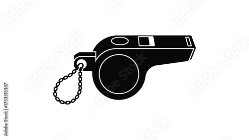 Black silhouette of a referee whistle with a chain on a white background