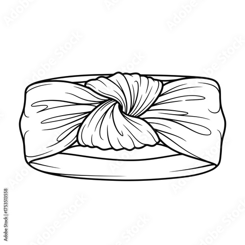 Black and white outline of a fabric headband with a knot detail isolated on white background silhouette