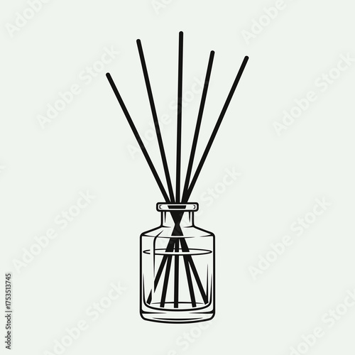 A minimalist line art illustration of a reed diffuser with sticks in a glass bottle isolated on white background silhouette