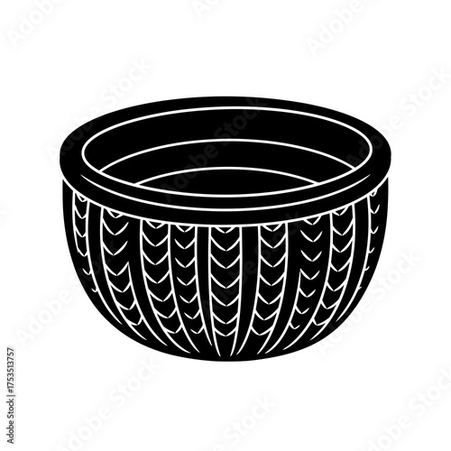 Black woven basket silhouette with decorative pattern isolated on white background