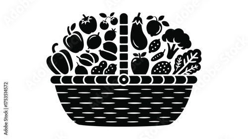 Black and white illustration of a woven basket overflowing with fresh fruits and vegetables