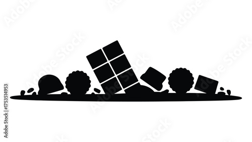 Abstract silhouette of a tilted building surrounded by organic shapes and debris on a white background