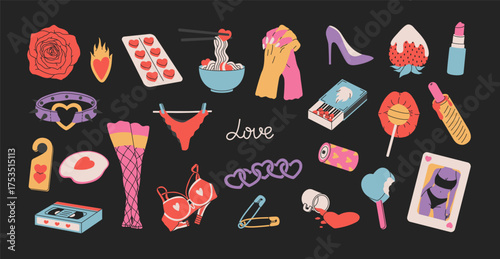 Vintage set stickers of Valentine's Day and Love. Colorful vintage design of collection romantic elements and symbols. Cartoon funky doodle pack for daily planner, scrapbooking, print, decoration