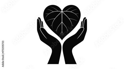 Black silhouette of open hands gently cupping a stylized heart shape with leafy texture