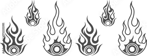 Flame wheel vector icons set, black tribal fireball designs for automotive art and decals, burning motion elements for racing graphics, hot speed flame illustration on white background.