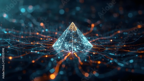 Digital connectivity concept with pyramid shape and glowing light trails