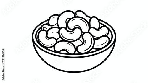 Hand drawn illustration of a bowl filled with delicious cashew nuts in a simple line art style
