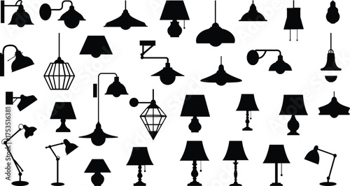 Collection of black silhouette lamps and light fixtures on white background lighting