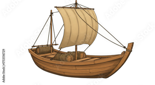 Ancient wooden cargo ship with sails and barrels, illustration of historical maritime transport