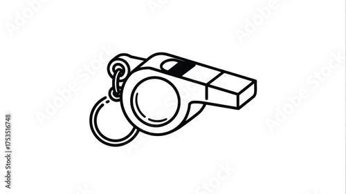 Classic referee whistle with keychain ring isolated on white background line art illustration
