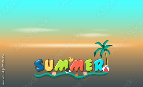 Colorful "SUMMER" word art with a palm tree, beach ball, rubber duck, camera, starfish, and seashells on a gradient background for vacations and tropical themes.