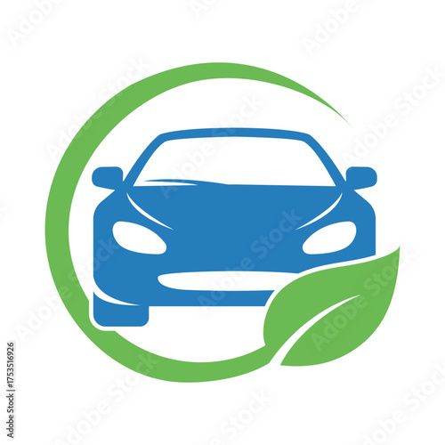 Blue car icon with green leaf symbol representing eco friendly transportation and sustainability