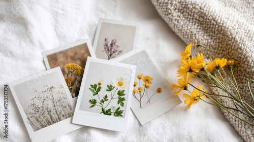 Polaroid Photographs of Botanical Flowers and Yellow Blooms on Cozy Textured Blanket