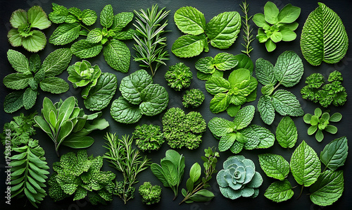 Green herb assortment overhead view of fresh culinary herbs
