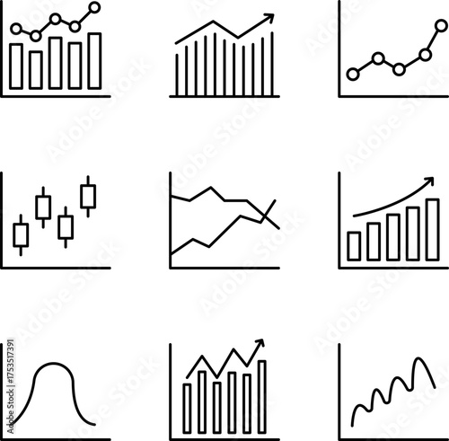 Business and data analytics graph icons set – minimal line style