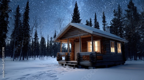 A charming scene shows a snow-covered area with a bright Christmas tree next to a cozy cabin, surrounded by trees in a quiet winter setting