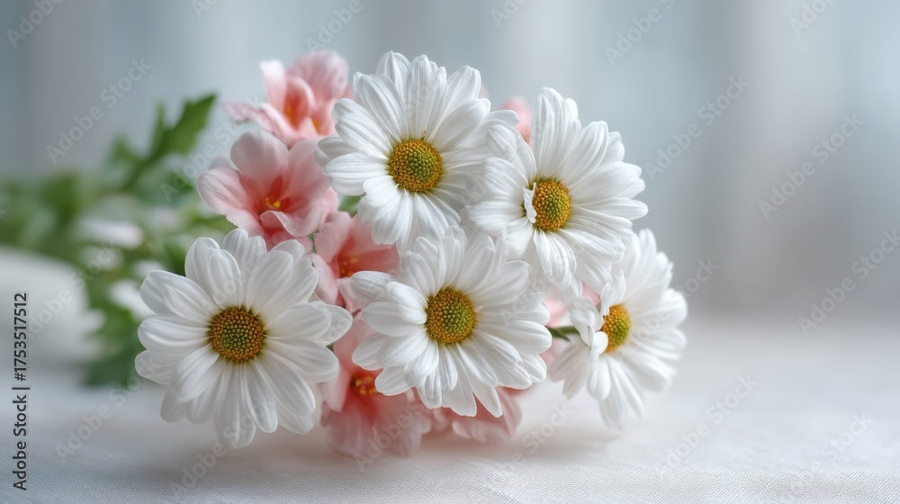 Obraz premium Fresh White Daisies and Pink Flowers in a Beautiful Bouquet on a Soft Background, Perfect for Spring Decor and Nature Inspired Arrangements