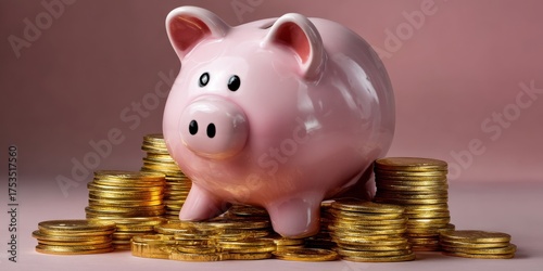 Pink Piggy Bank Surrounded by Shiny Gold Coins Against a Soft Pink Background