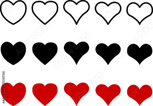 Heart icons set – outline, black and red love symbols collection