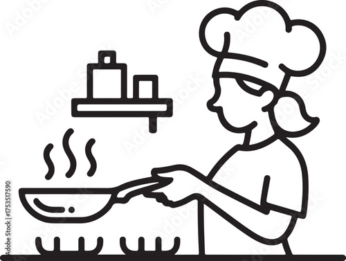 Chef cooking delicious meal in pan on stove top