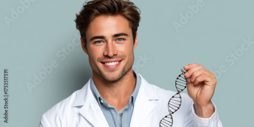 Smiling Male Scientist in Lab Coat Holding Glasses and DNA Model Against a Pastel Background