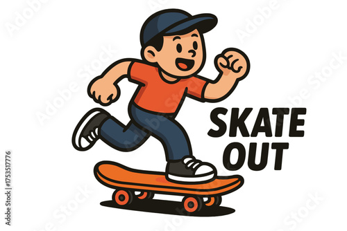 Young boy skating on an orange skateboard while smiling and enjoying the outdoors during daytime
