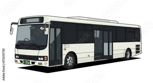 Modern White City Public Transportation Bus with Multiple Doors and Windows
