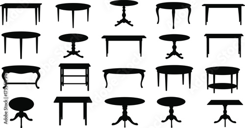 Collection of black silhouette tables with various shapes and leg designs white background furniture