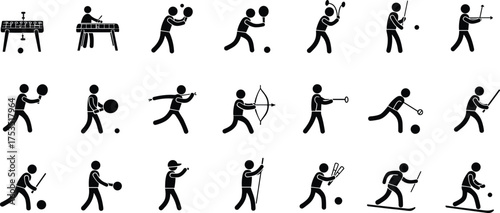 Collection of black stick figure icons depicting various sports and games table tennis