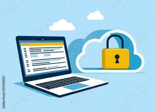 Cloud programming with developer laptop. The data is securely protected. Server room in the shape of a cloud. Data in a database on cloud storage. Vector flat illustration